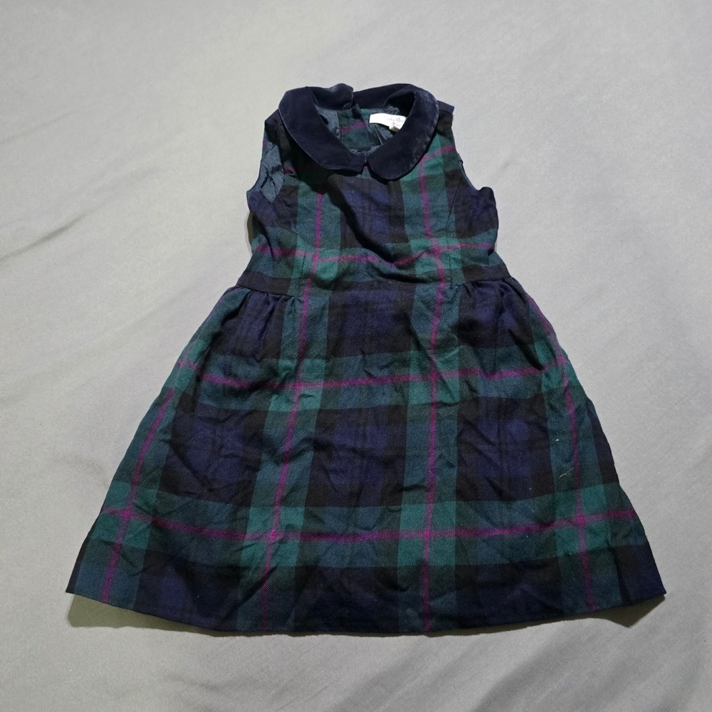 Brooks Brothers Fleece Plaid Wool Dress Kids 5 Green Navy Velvet Collar Jumper